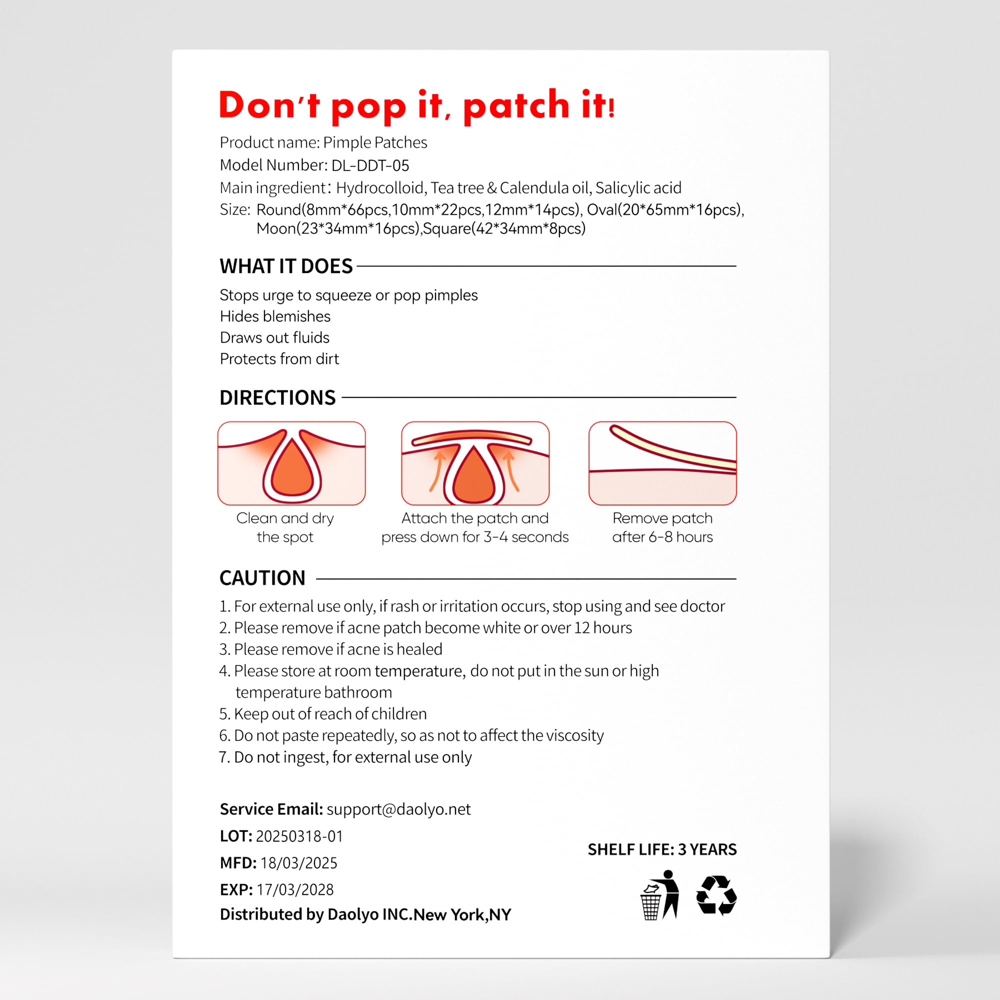 Daolyo hydrocolloid patch close-up shows strong adhesion and breathable wear.