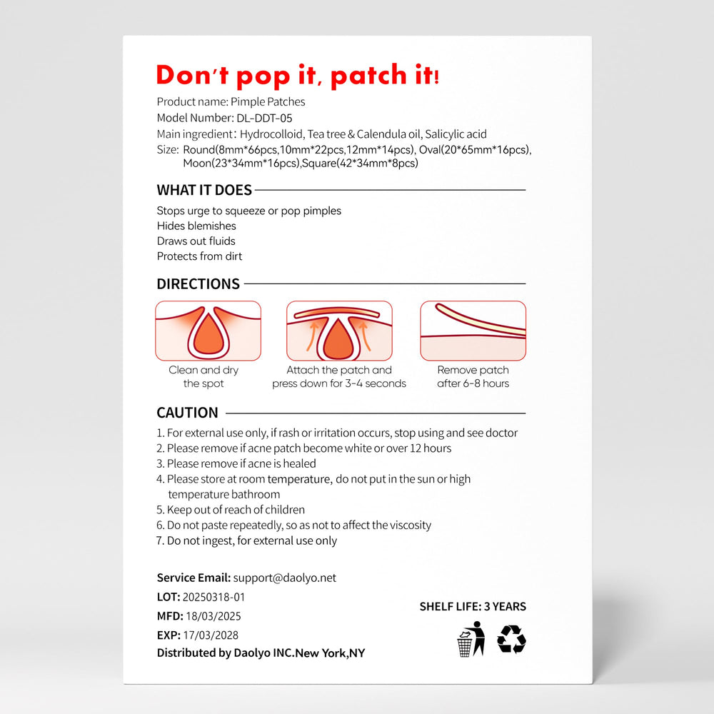 Daolyo hydrocolloid patch close-up shows strong adhesion and breathable wear.