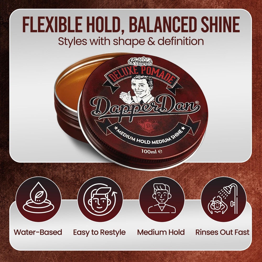 Dapper Dan Deluxe Pomade acabado brillo medio para estilos versátiles.