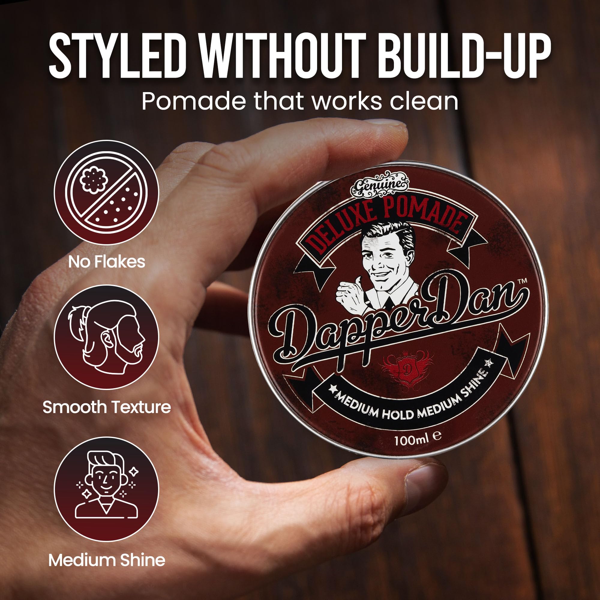 Dapper Dan Deluxe Pomade aplicación cabello seco para brillo natural.