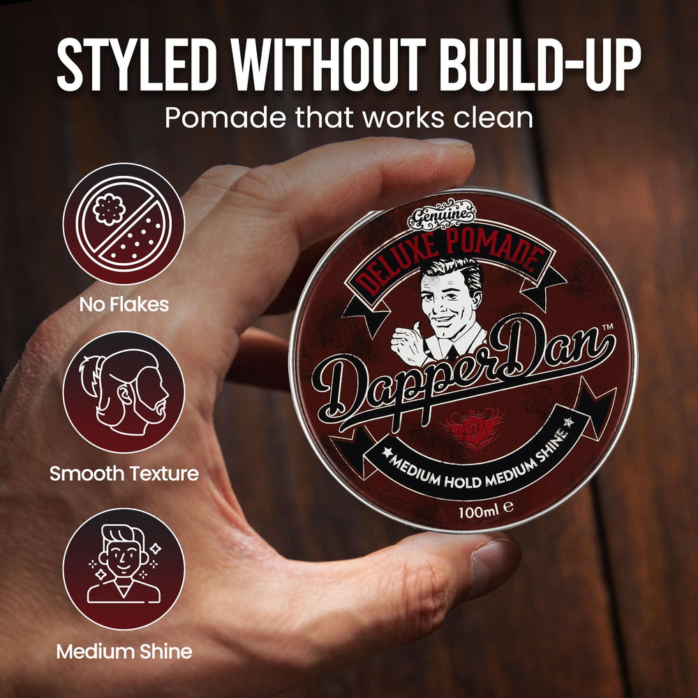 Dapper Dan Deluxe Pomade aplicación cabello seco para brillo natural.