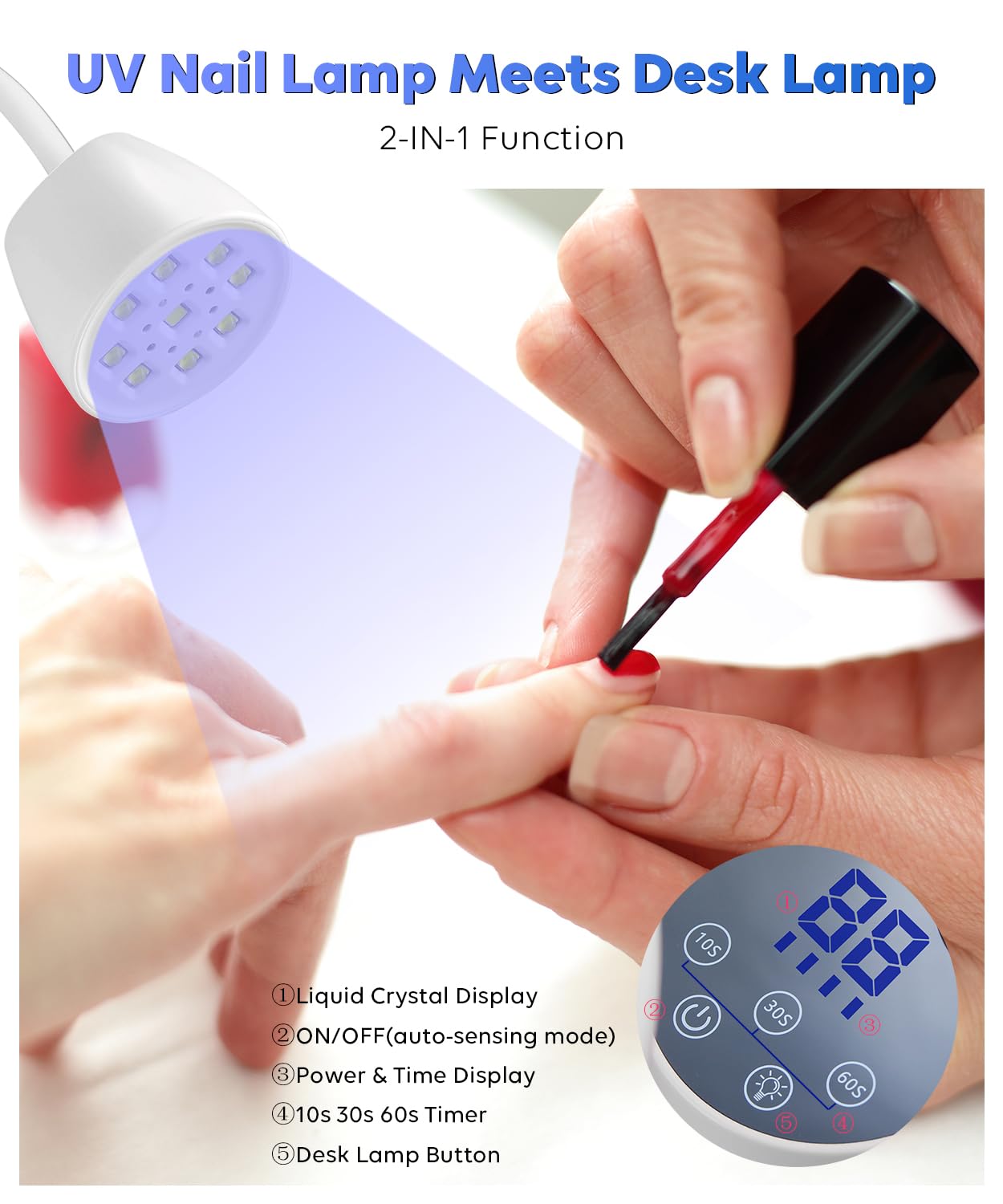 DAQVQ UV nail lamp with 4 timer settings, precise cure options for nails.