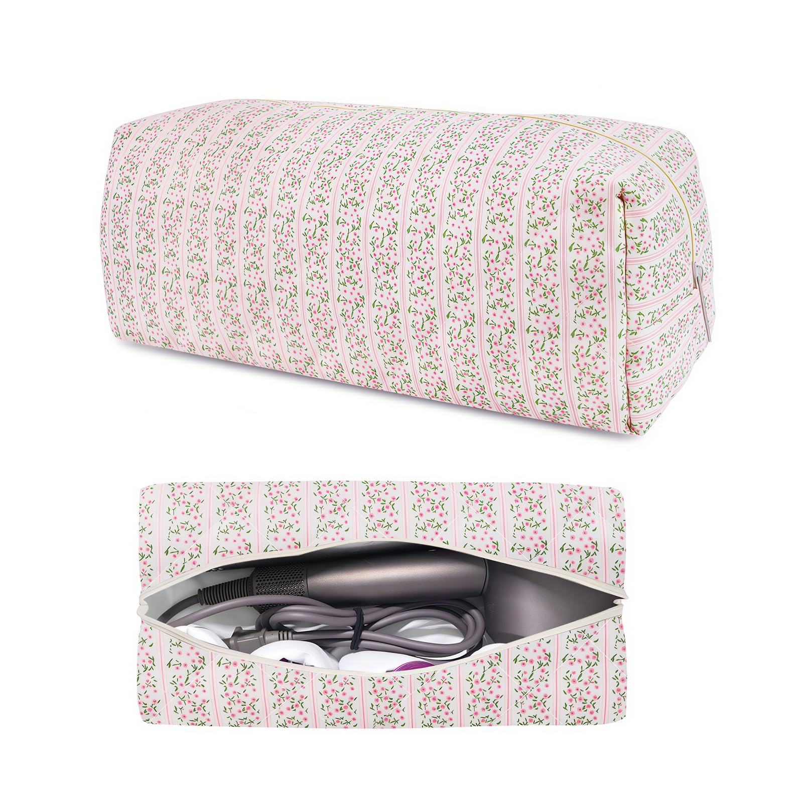 Dark Swan hair tools travel bag in pink quilted floral design for organized packing