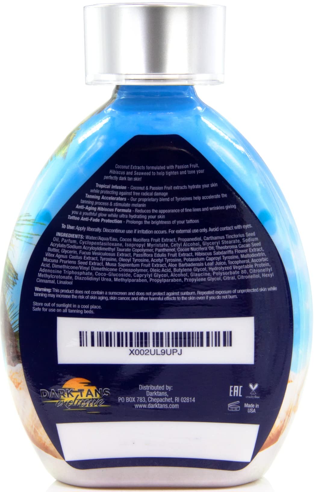Dark Tans Exclusive aloe coconut ingredients emphasize hydration for radiant skin.