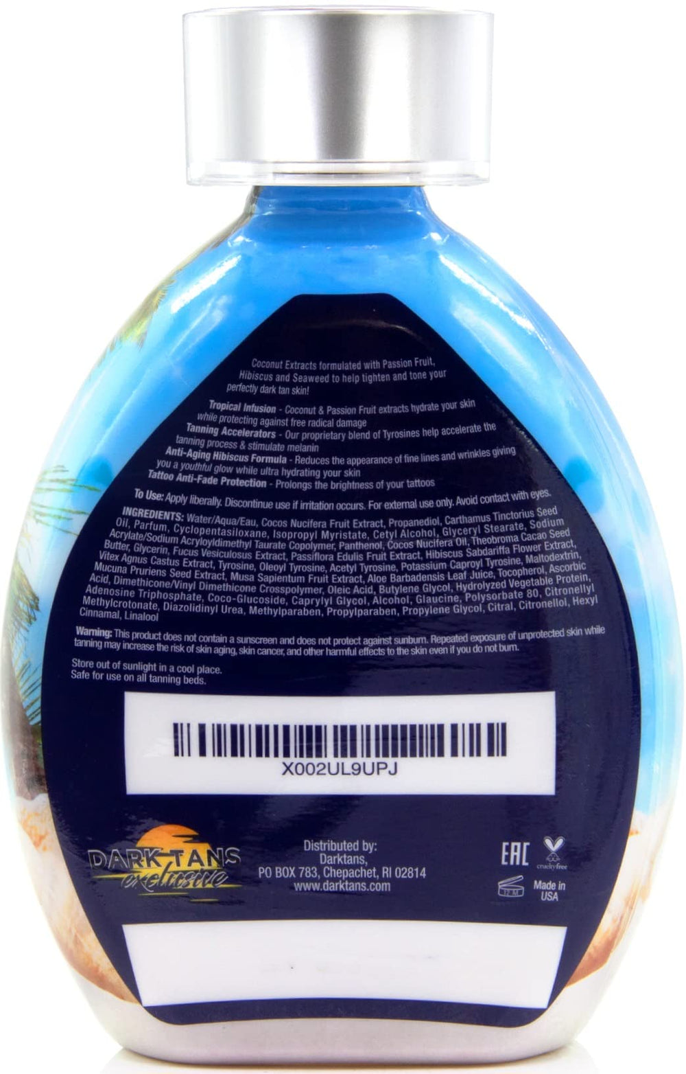 Dark Tans Exclusive aloe coconut ingredients emphasize hydration for radiant skin.