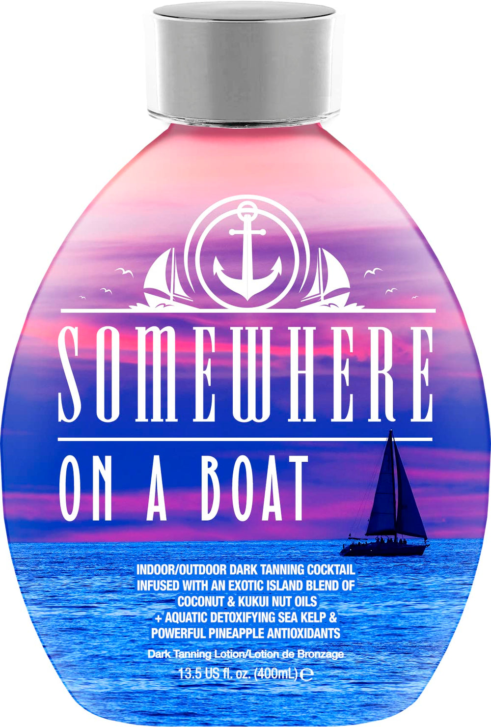 DARK TANS EXCLUSIVE Somewhere On A Boat bottle front highlighting coconut oil for moisturized tanning