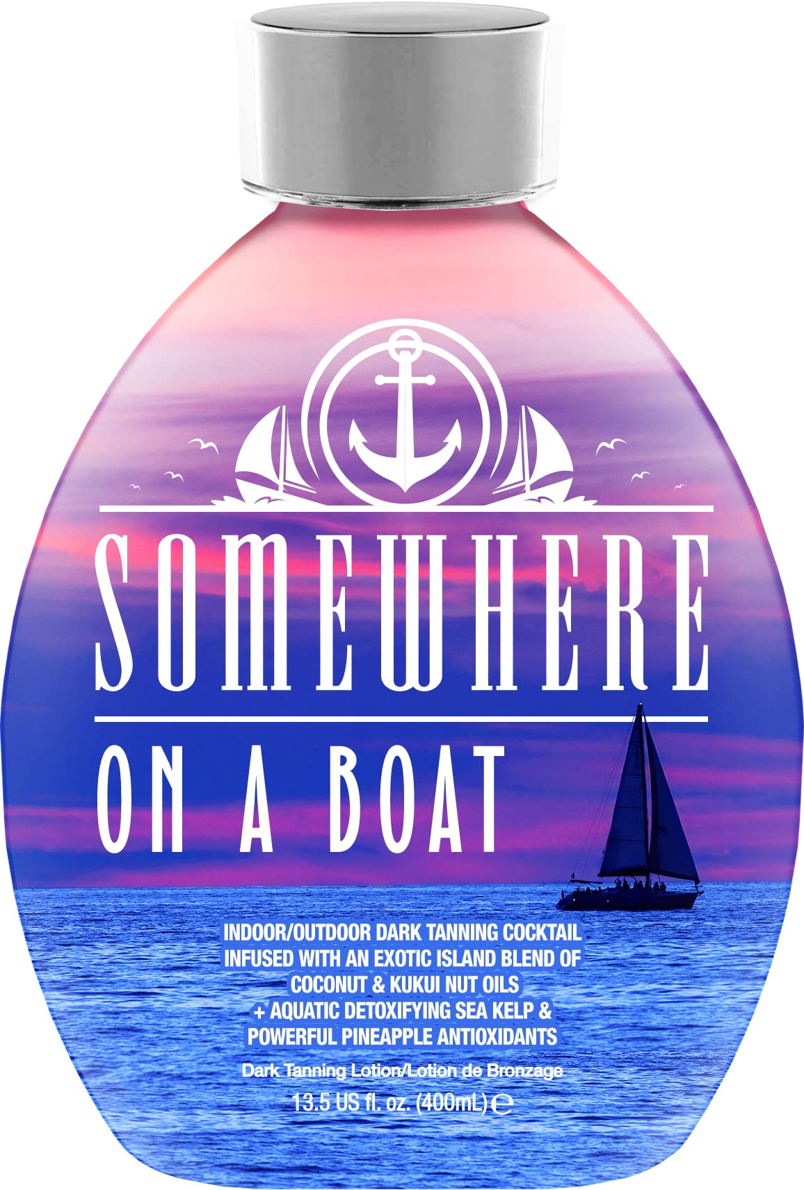 DARK TANS EXCLUSIVE Somewhere On A Boat bottle front highlighting coconut oil for moisturized tanning
