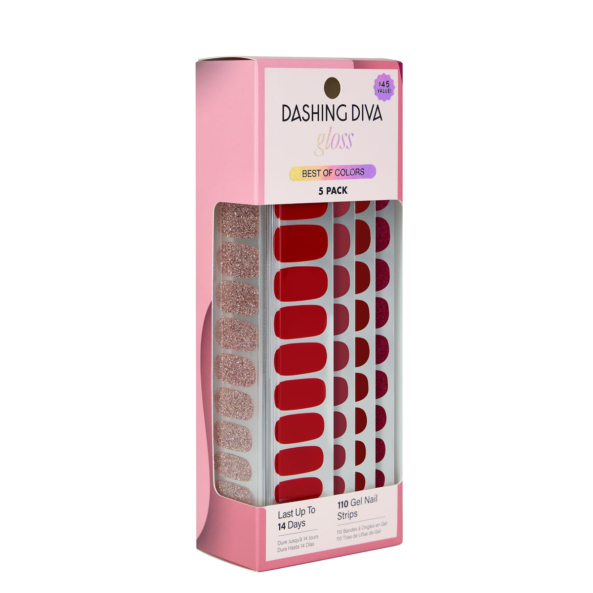 Dashing Diva Gloss best-of-reds kit close-up with vibrant red strips and glossy finish.