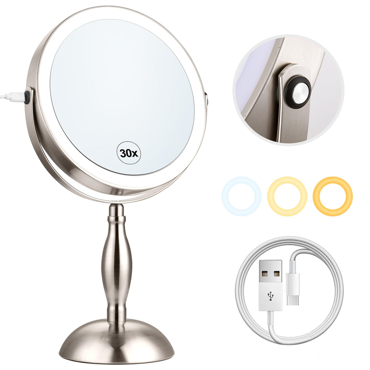 DASLAVA makeup mirror with light — 30x zoom for precise detailing.