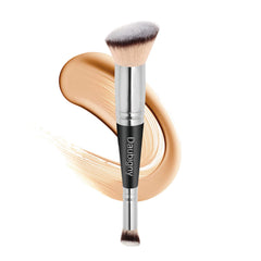 Daubigny dual-ended foundation brush for seamless application of liquid, cream, and powder formulas.