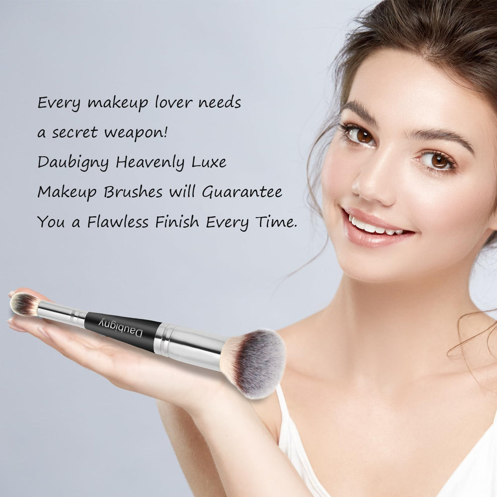 Daubigny brush in use with foundation for a seamless, airbrushed look.