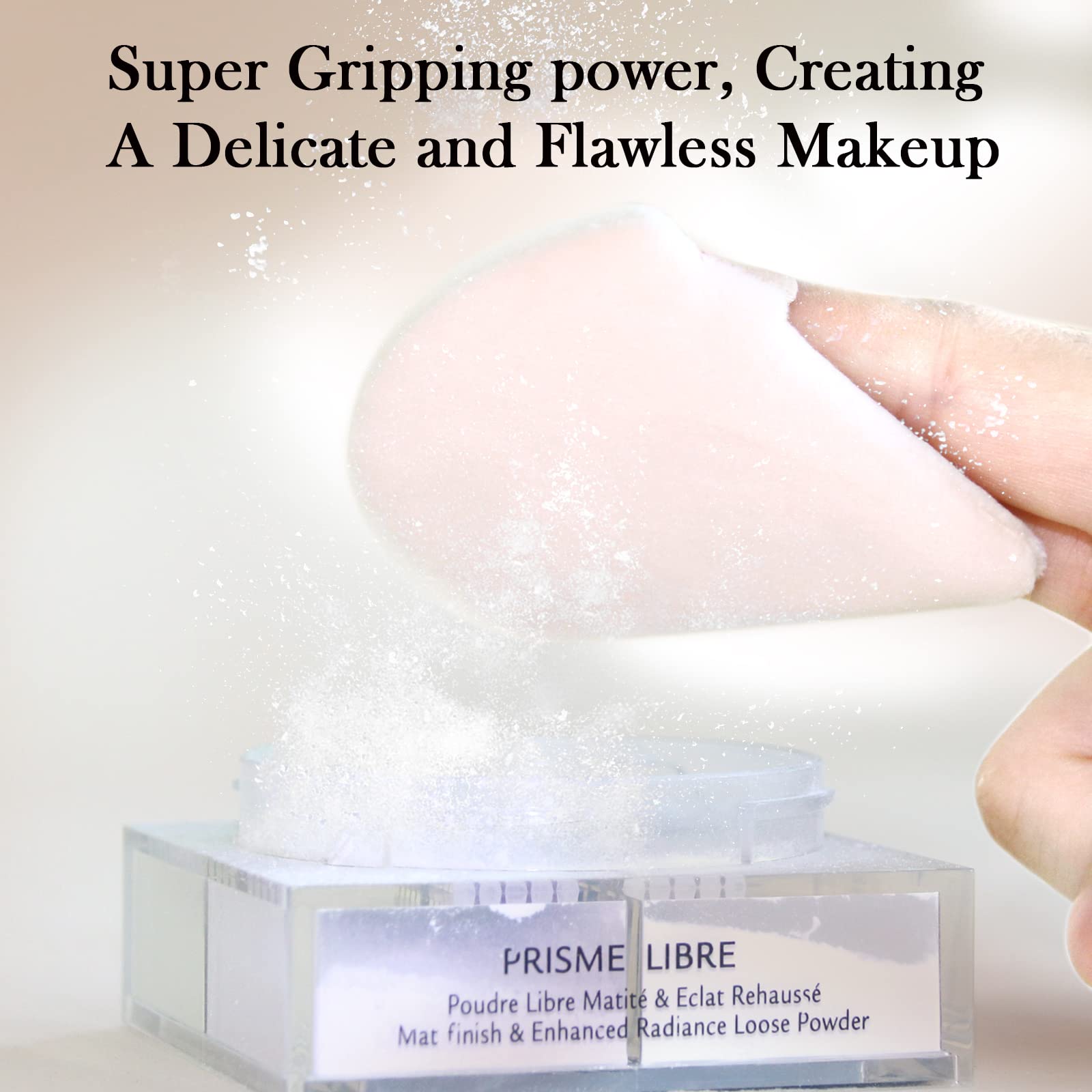 Daubigny powder puff face triangle design enables precise application around nose and eyes.