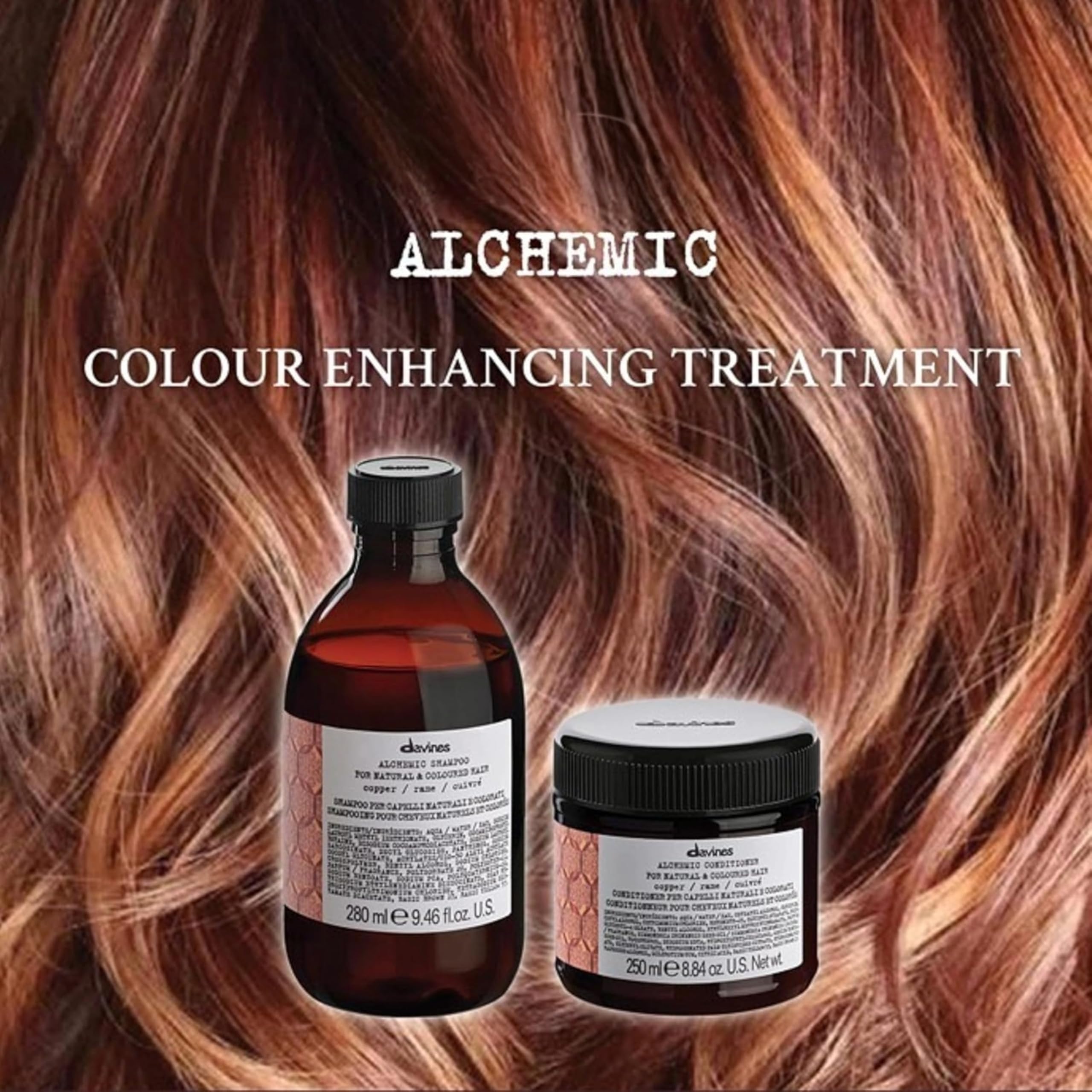Davines Alchemic Copper conditioner applied to damp hair to refresh color.