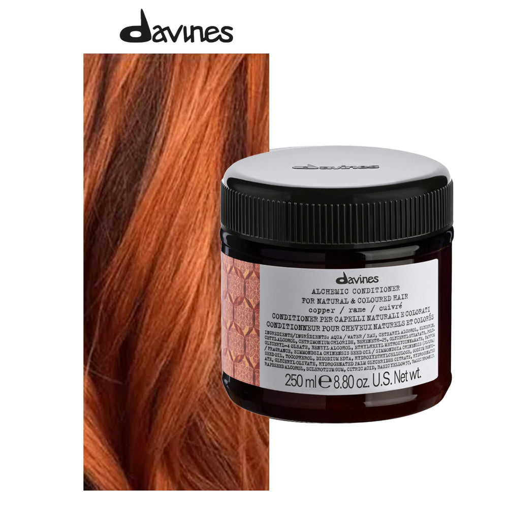Close-up of Davines Alchemic Copper packaging showing copper hues for vibrant red.