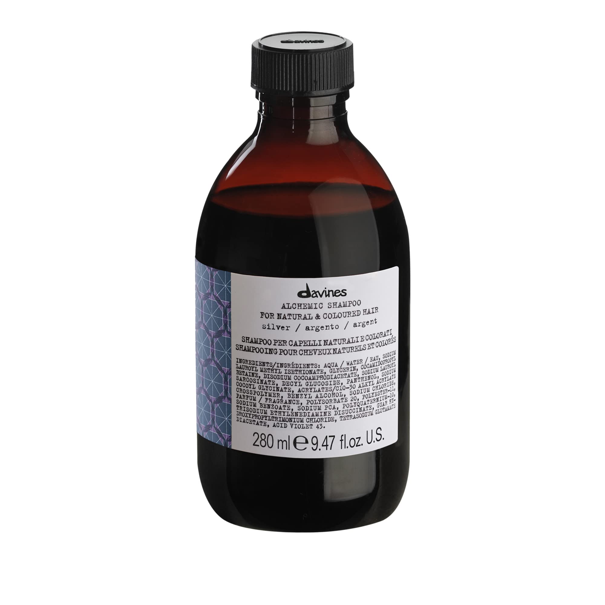 Davines Alchemic Shampoo Silver bottle close-up showing color-enhancing action for platinum hair.