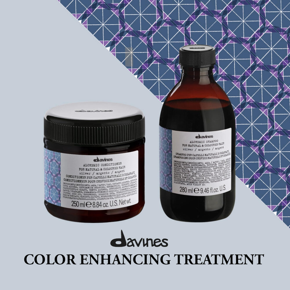 Davines Alchemic Shampoo Silver rich lather highlights tone-boosting properties for cool blonde.