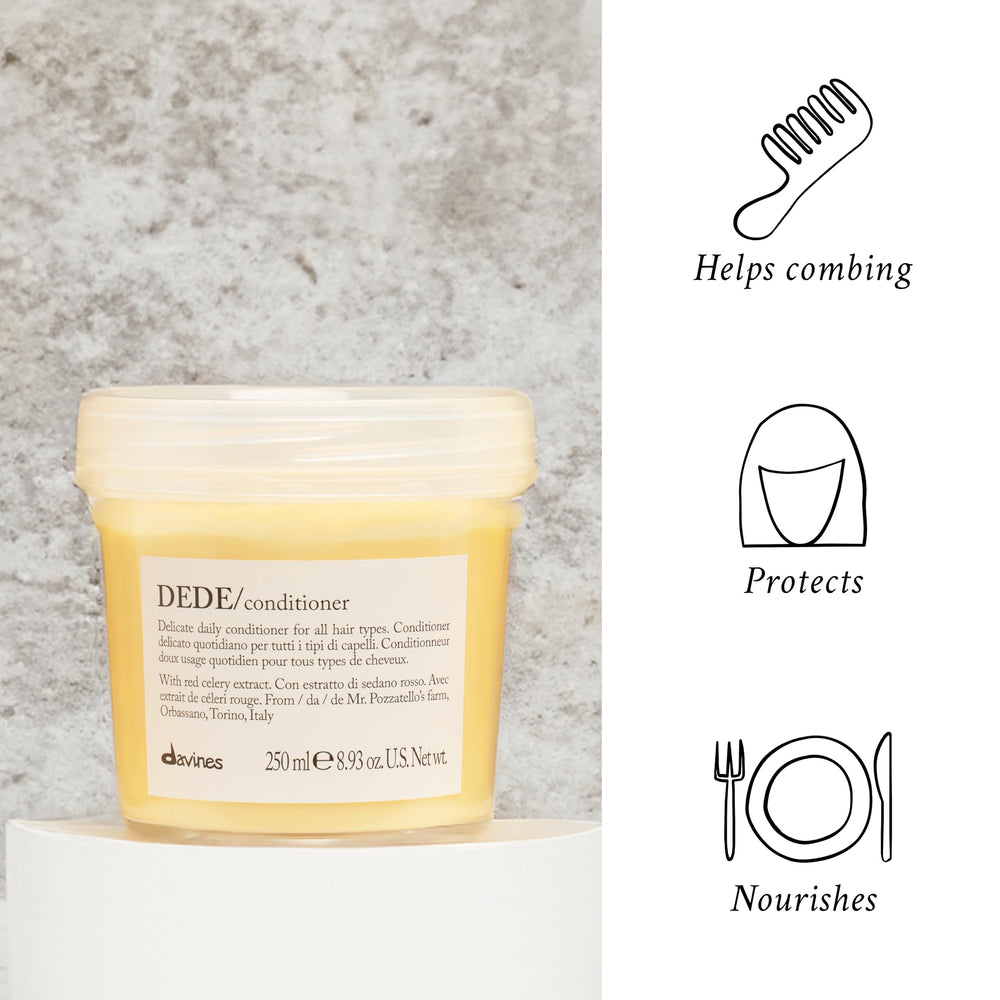 Davines DEDE conditioner weightless formula preserves volume while smoothing the cuticle.