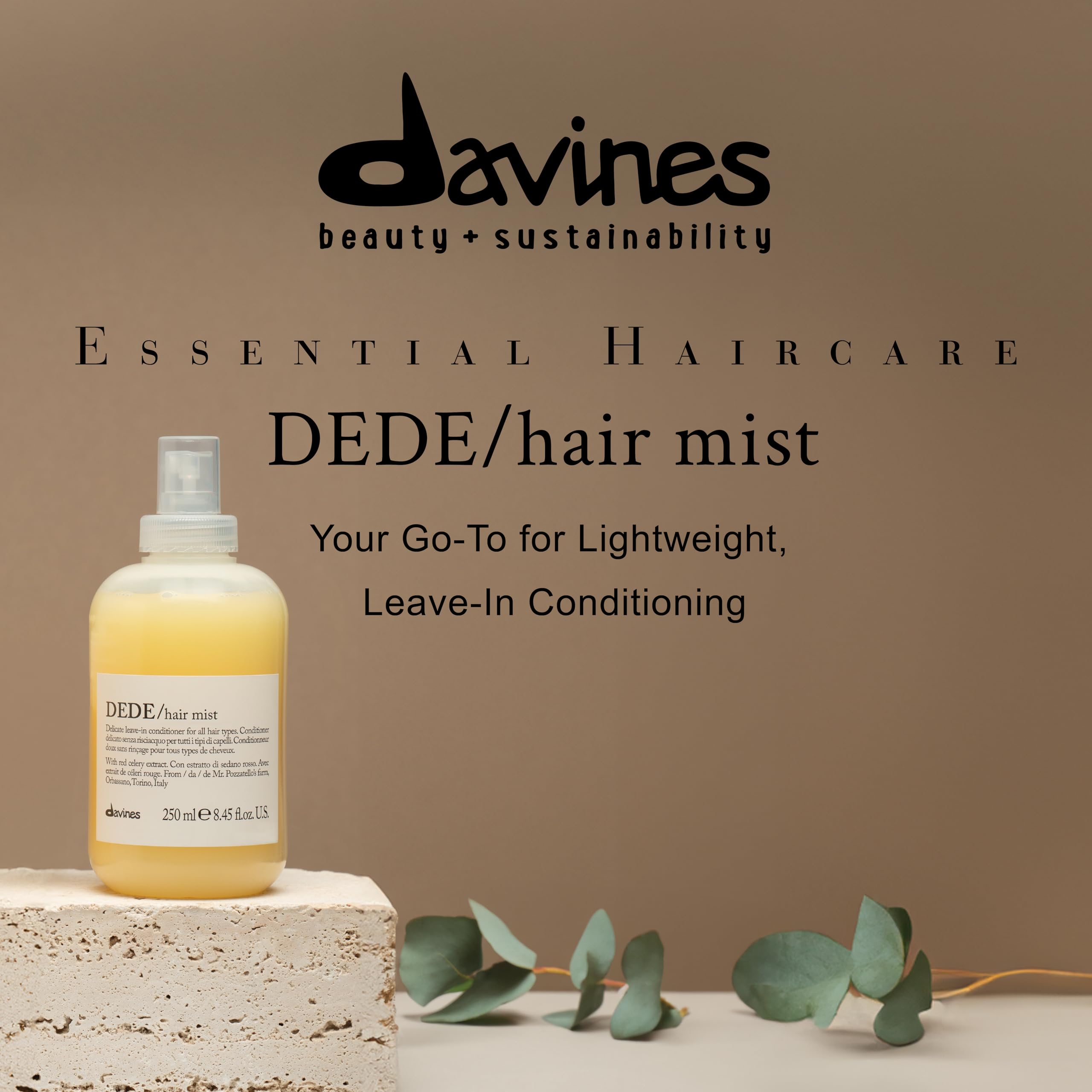 Close-up of DEDE Hair Mist texture showing a light, weightless feel.