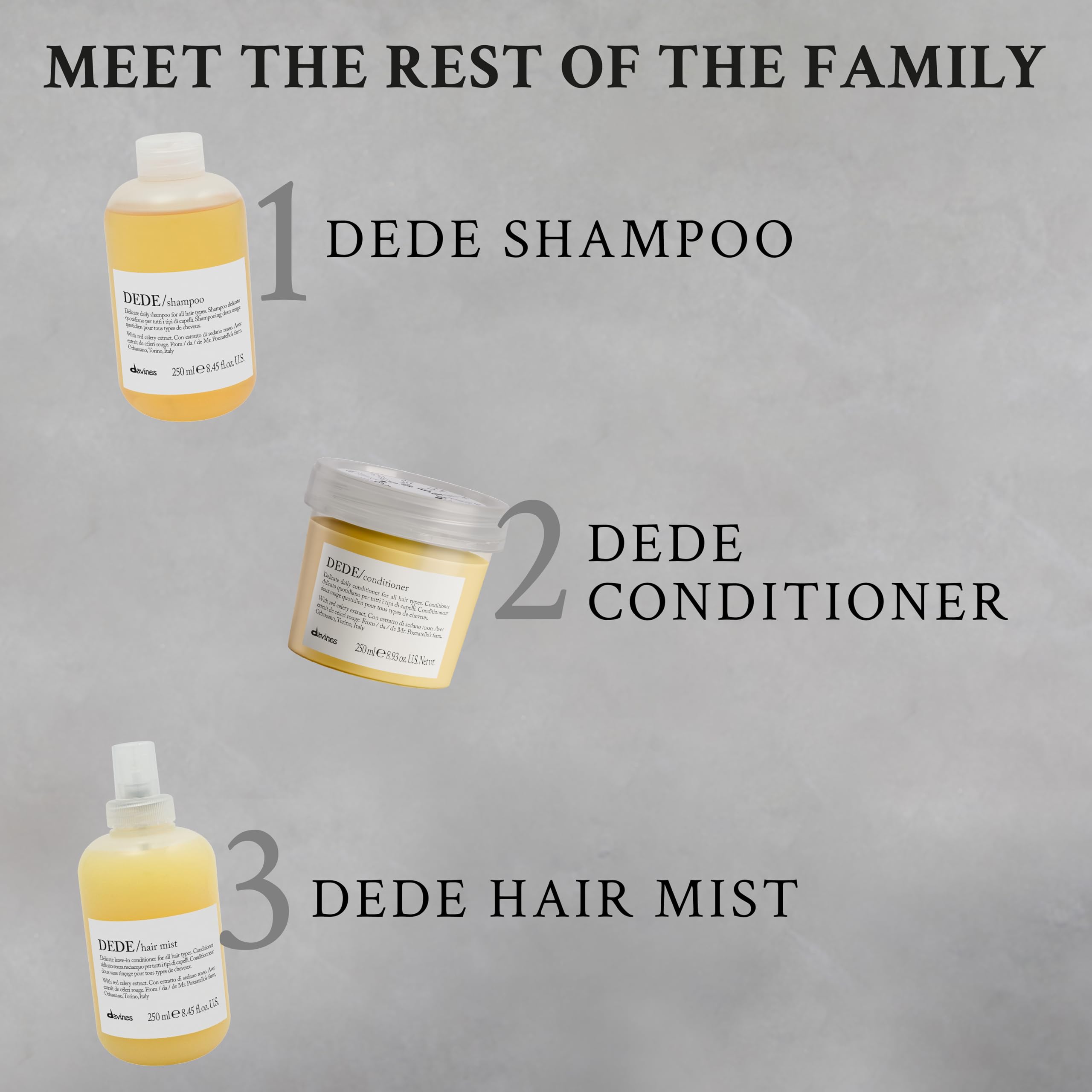Red celery extract highlighted on the DEDE Hair Mist label.