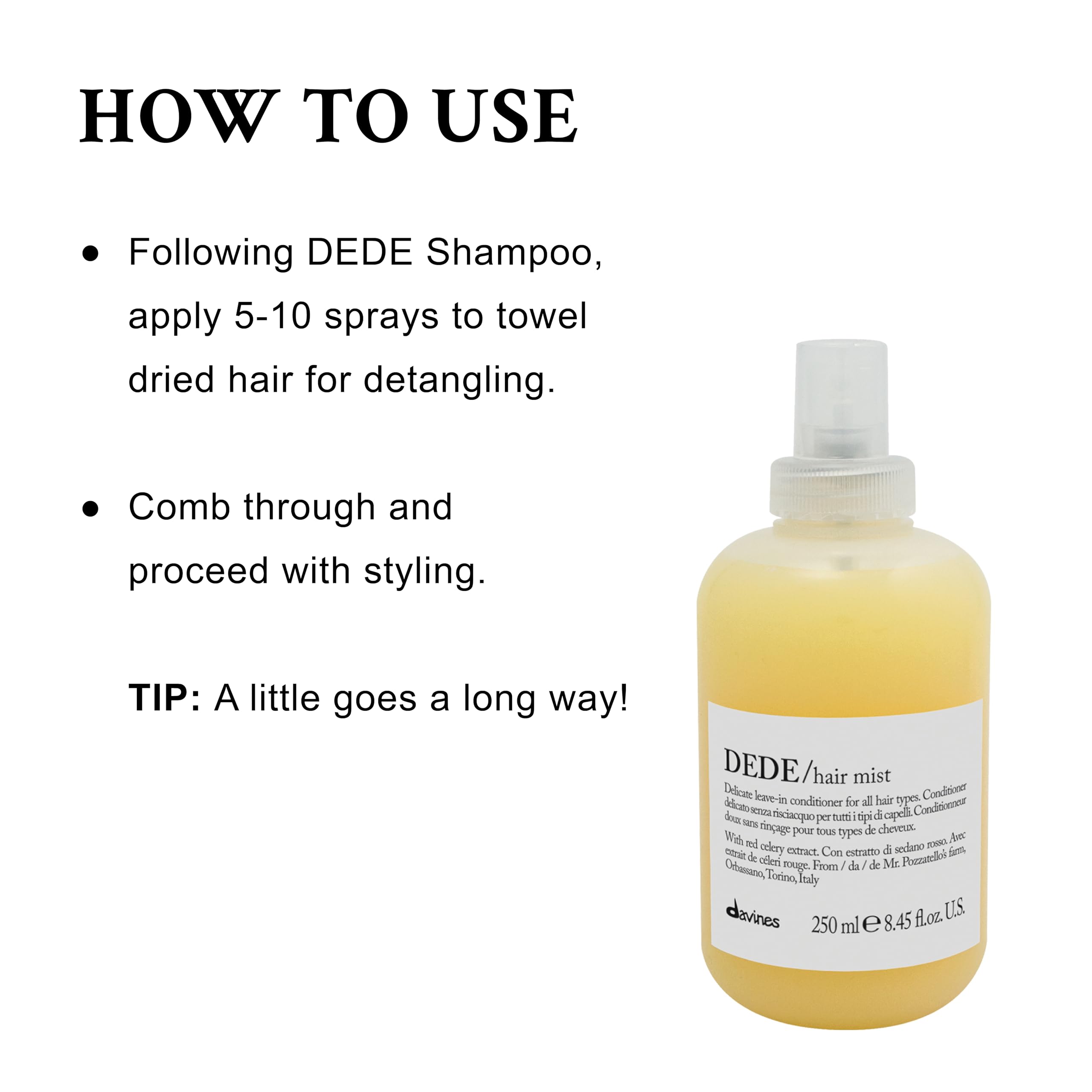 Hands apply DEDE Hair Mist to damp hair for detangling.