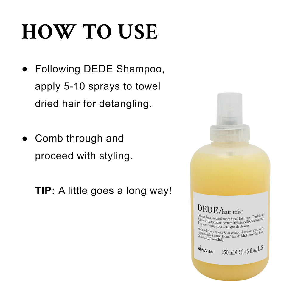 Hands apply DEDE Hair Mist to damp hair for detangling.