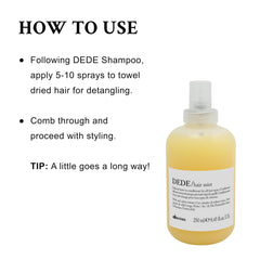 Hands apply DEDE Hair Mist to damp hair for detangling.