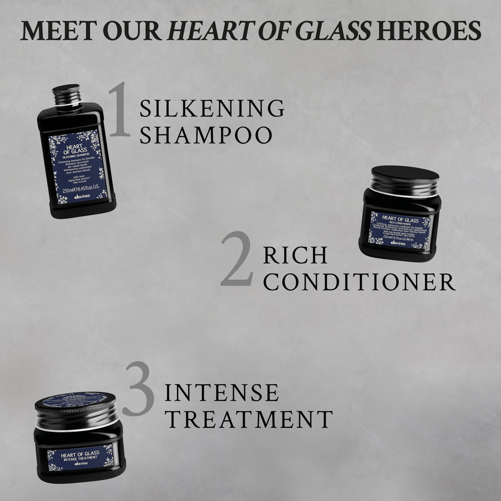 Vanity display featuring Davines Heart of Glass Sheer Glaze for daily use.
