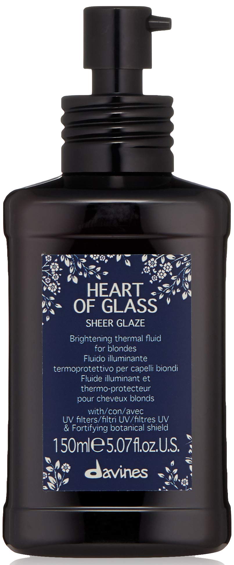 Davines Heart of Glass Sheer Glaze bottle emphasizes heat protection and shine for blonde hair.