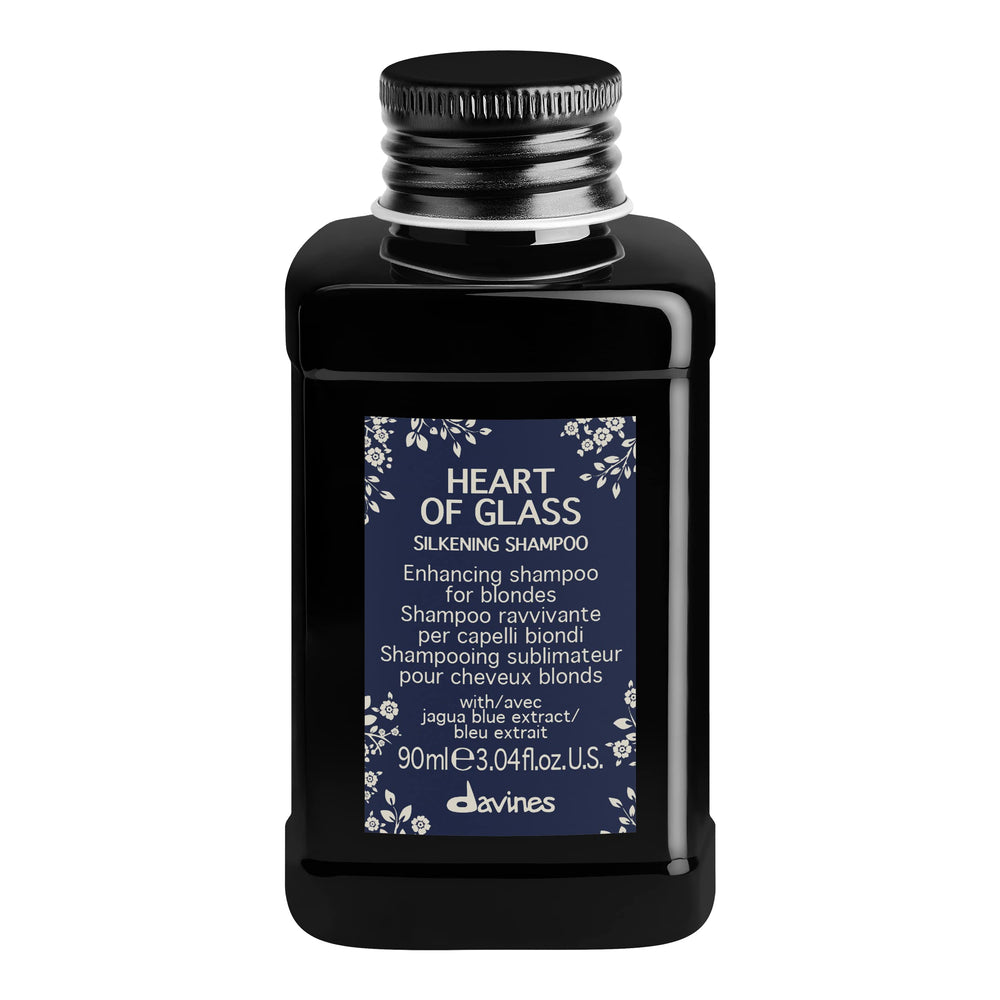 Davines Heart of Glass bottle showing silkening formula for blonde care.
