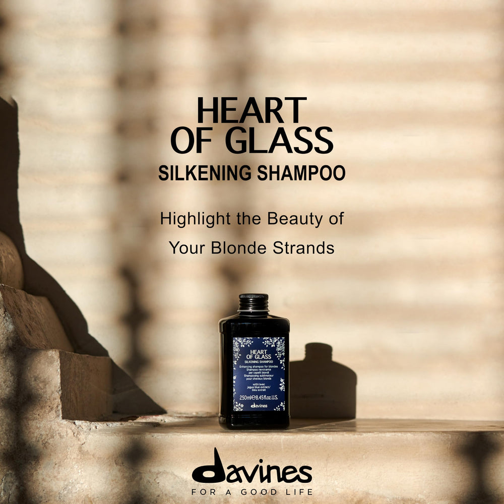 Davines Heart of Glass packaging box highlighting premium Italian care.