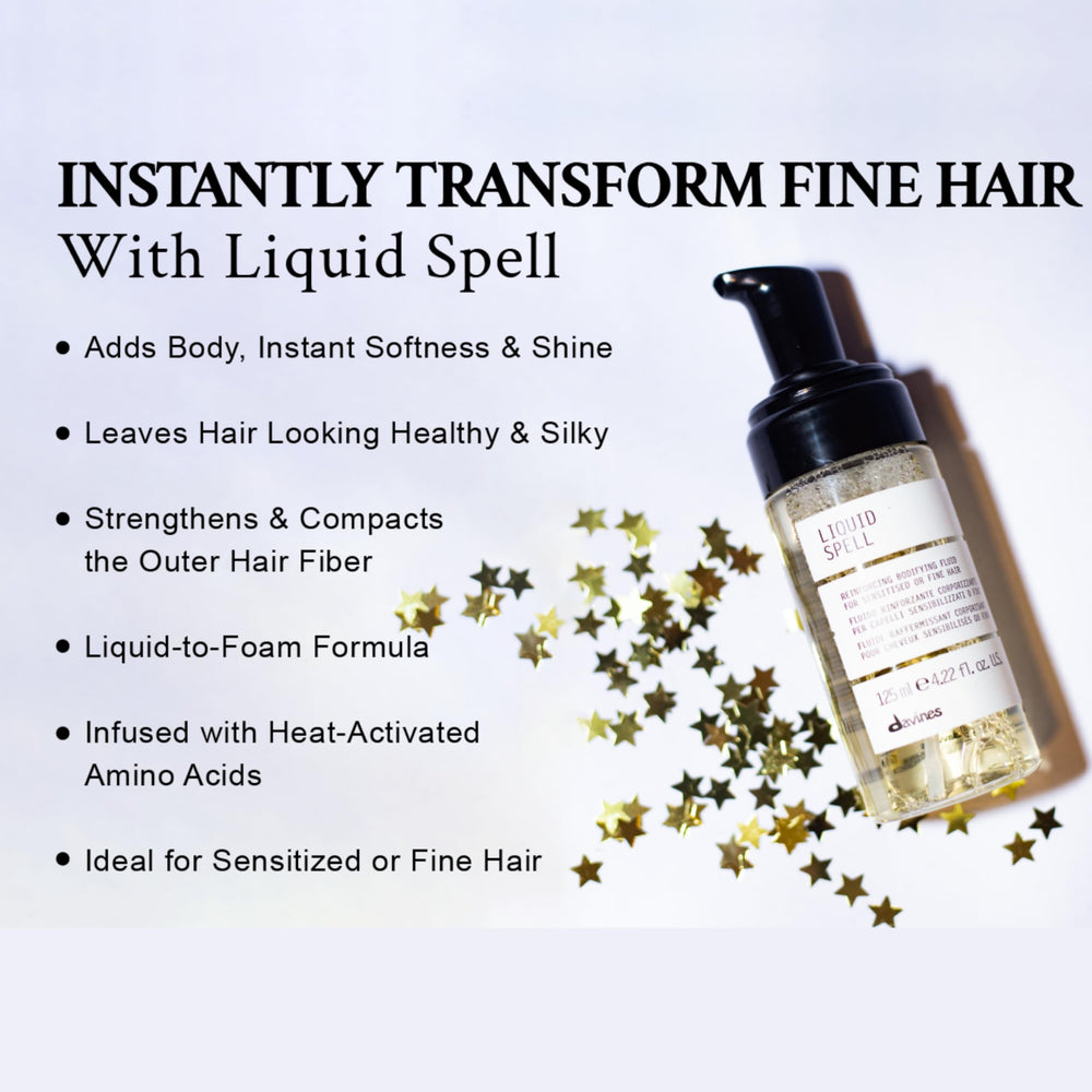 Davines Liquid Spell provides heat protection during styling.