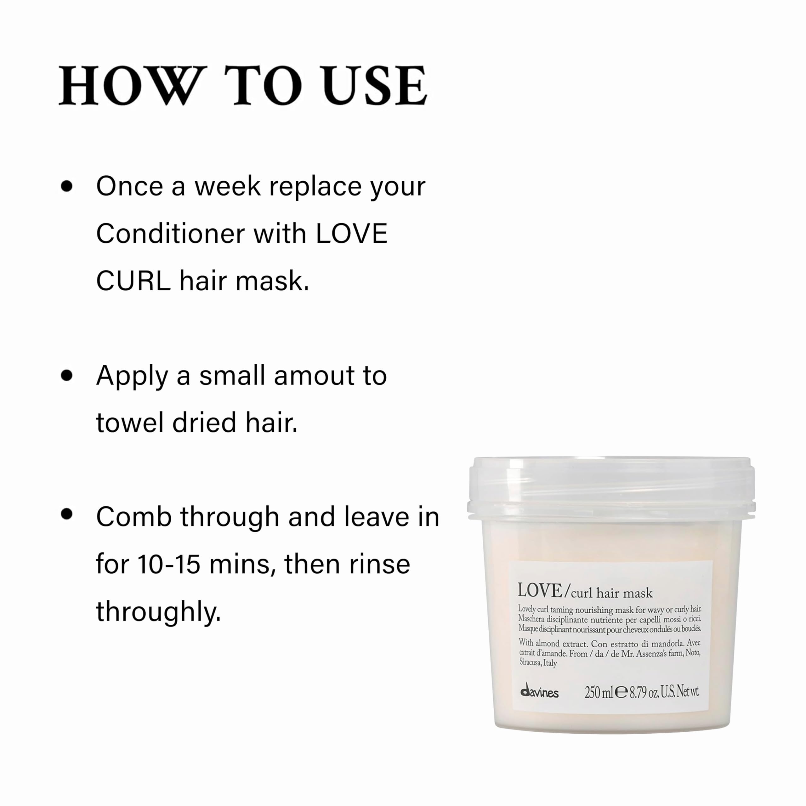 Davines Love Curl Mask applying to damp hair to help detangle.