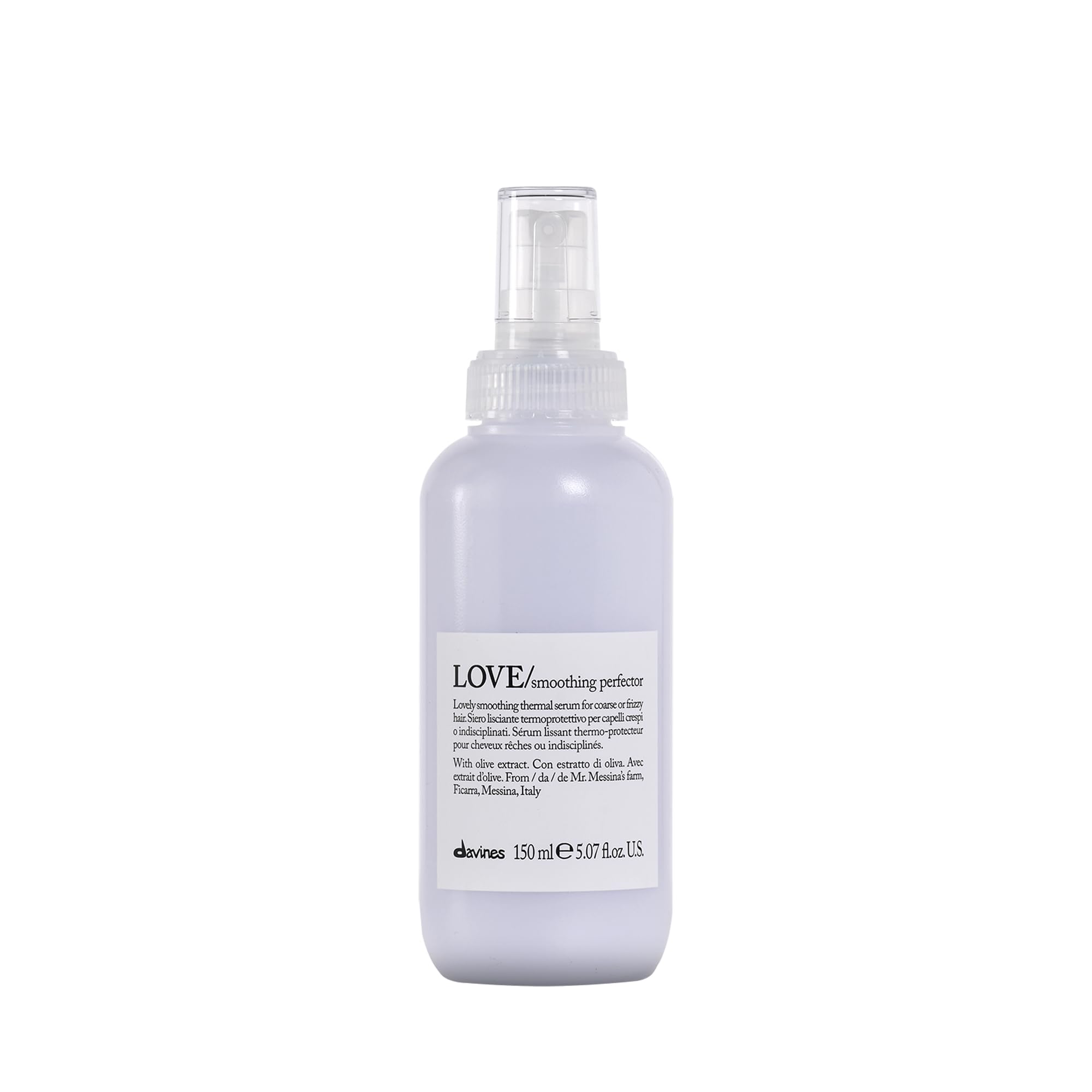 Davines LOVE smoothing perfector serum bottle highlights anti-frizz protection for coarse hair.
