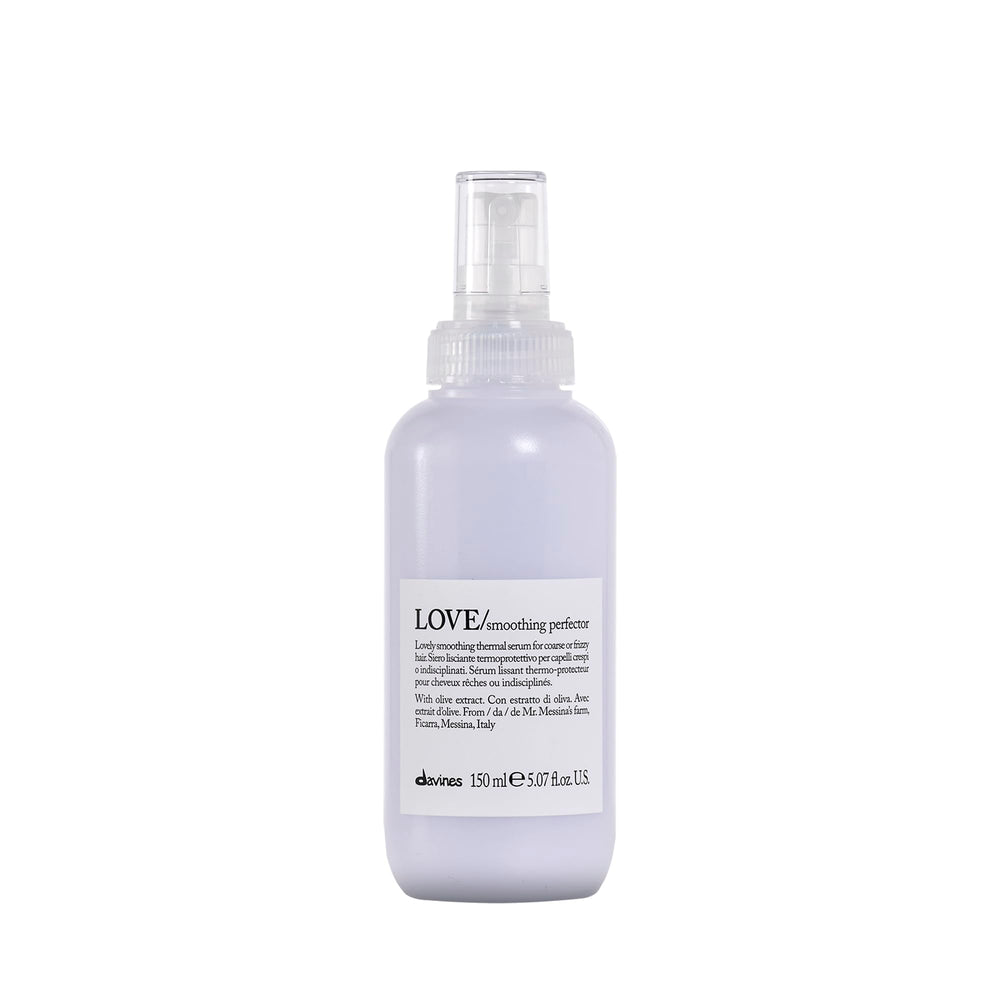 Davines LOVE smoothing perfector serum bottle highlights anti-frizz protection for coarse hair.