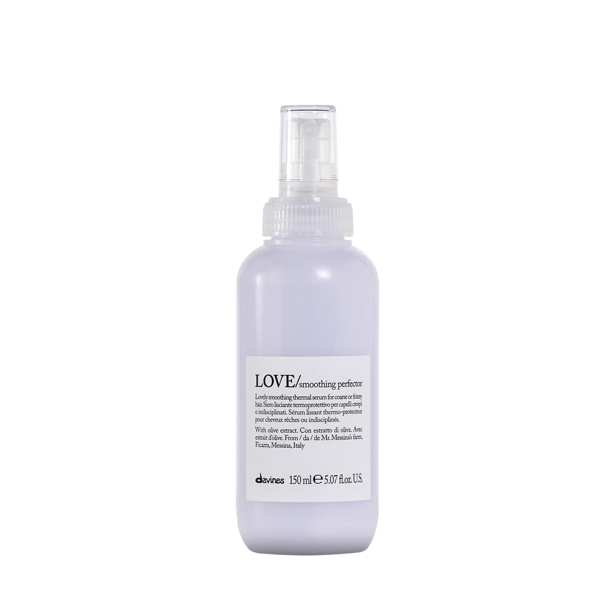 Davines LOVE smoothing perfector serum bottle highlights anti-frizz protection for coarse hair.