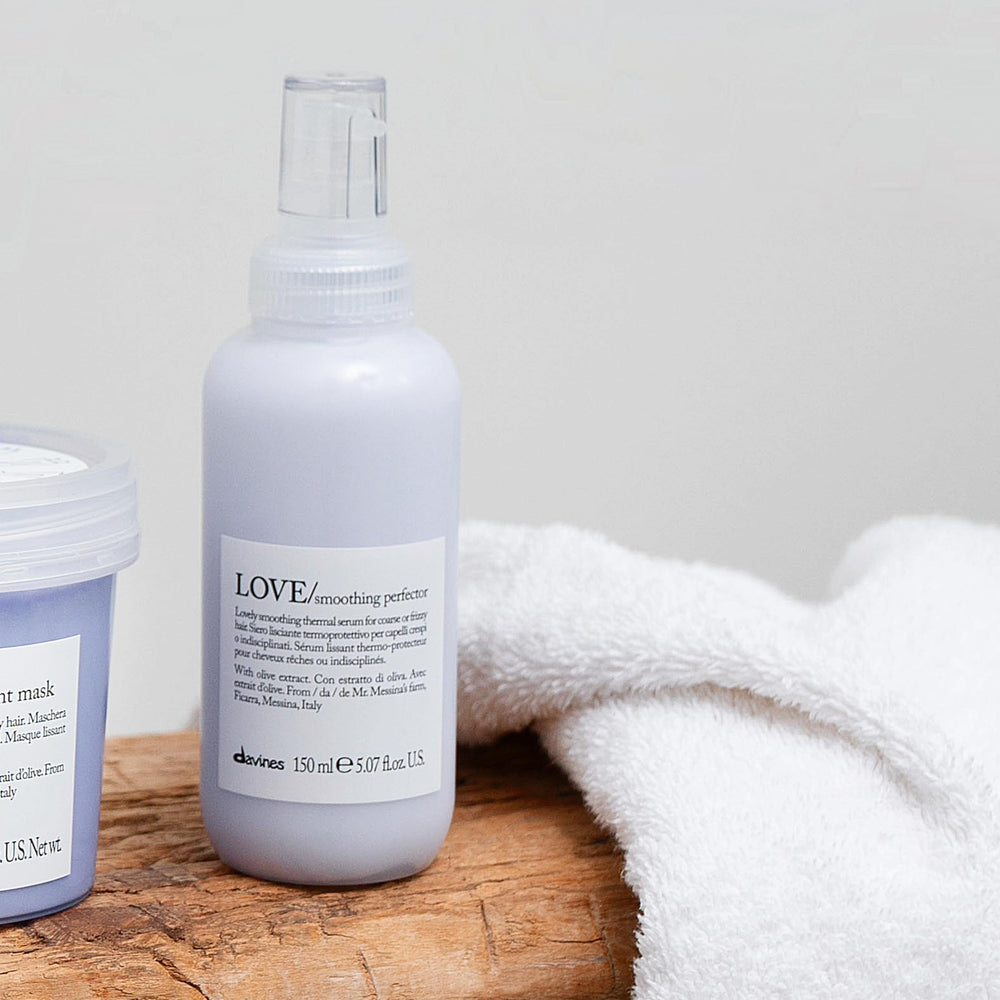 Davines LOVE smoothing perfector serum close-up shows creamy texture for easy distribution.
