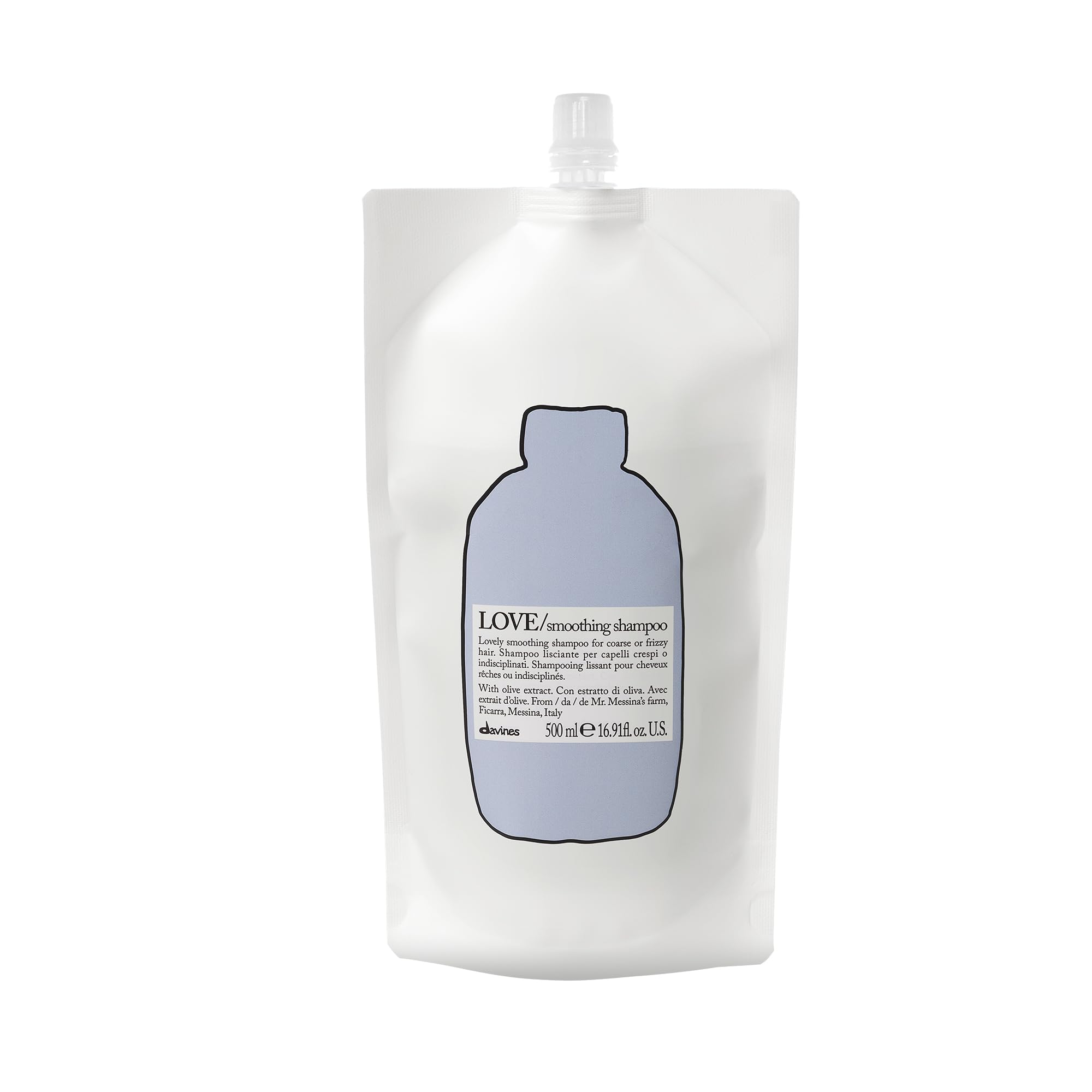 Davines Love Smoothing Shampoo bottle front showing frizz control and shine.