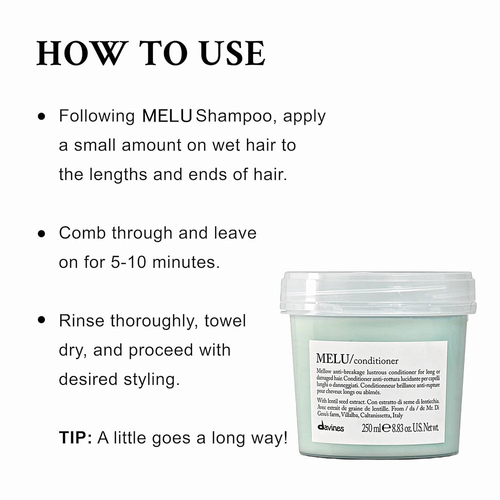 Davines MELU being applied to hair for frizz-free manageability.