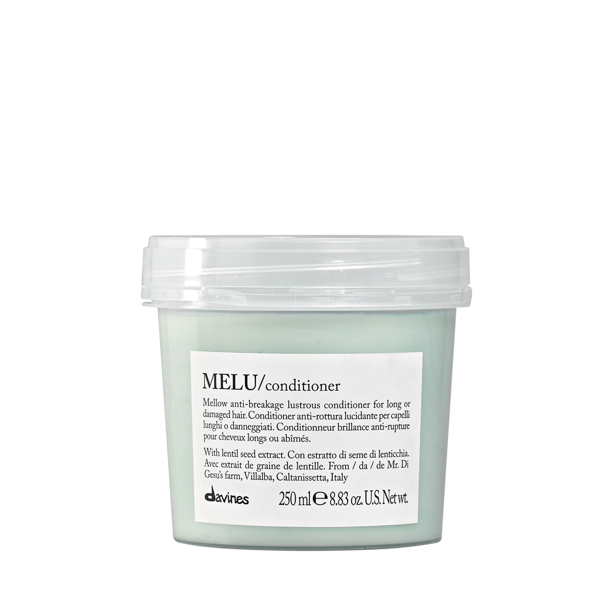Davines MELU conditioner bottle with lightweight hydration for long hair.