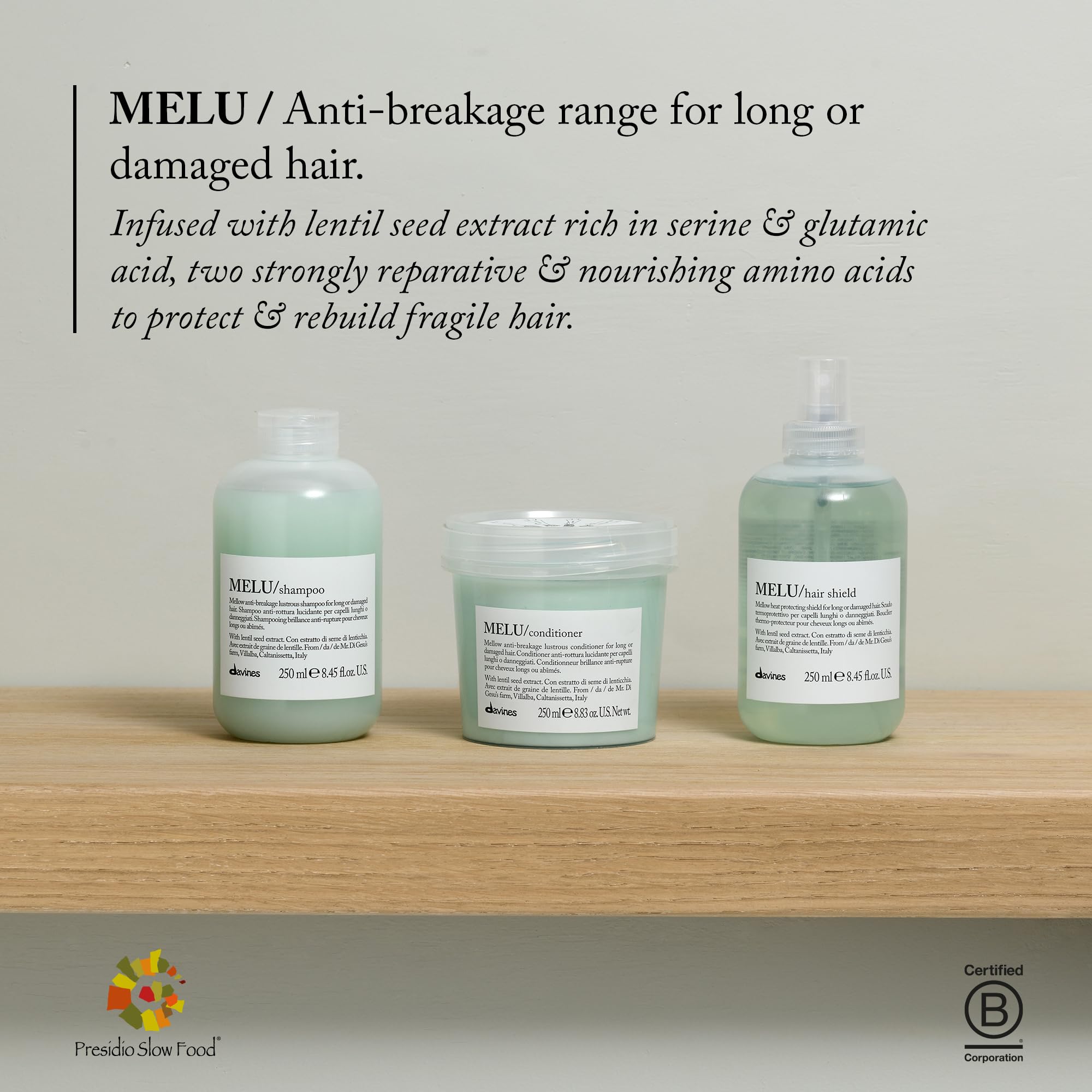 Davines MELU packaging in bright bathroom light.