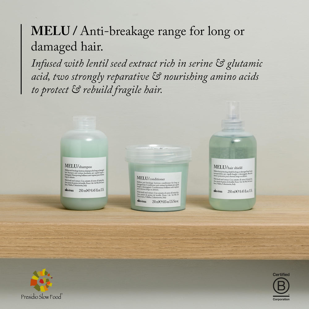 Davines MELU packaging in bright bathroom light.