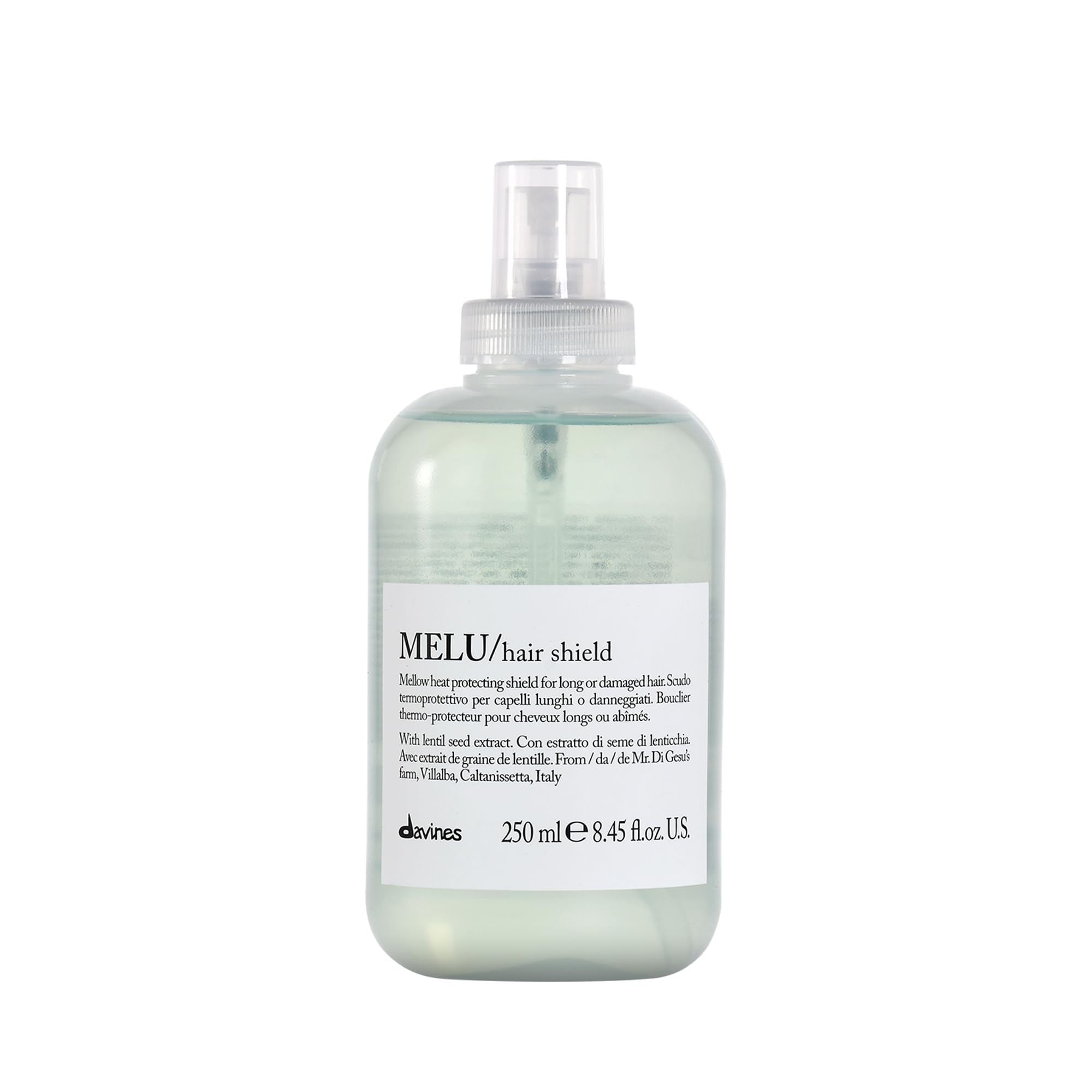 Davines MELU Hair Shield bottle closeup showing heat protection barrier