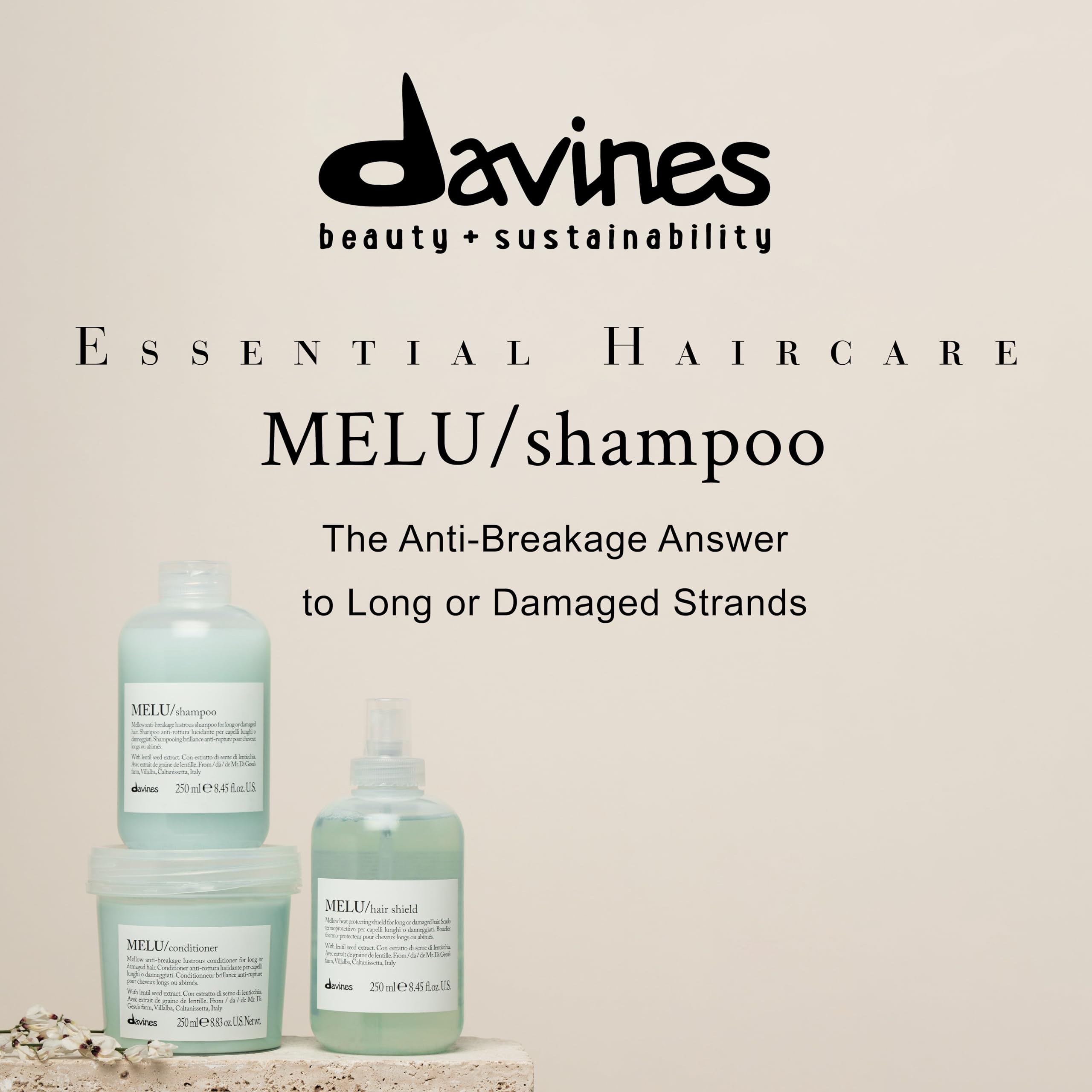 Davines MELU shampoo label detail highlights lentil seed extract for elasticity