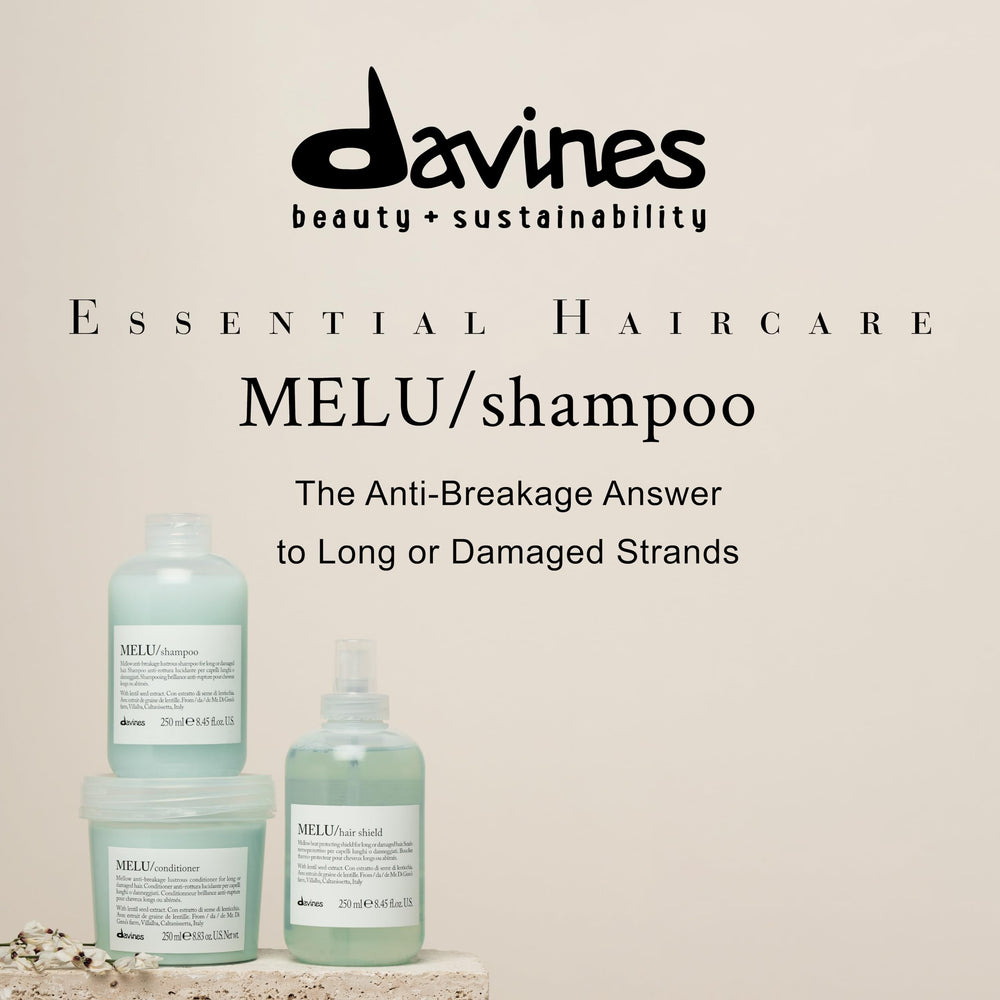 Davines MELU shampoo label detail highlights lentil seed extract for elasticity