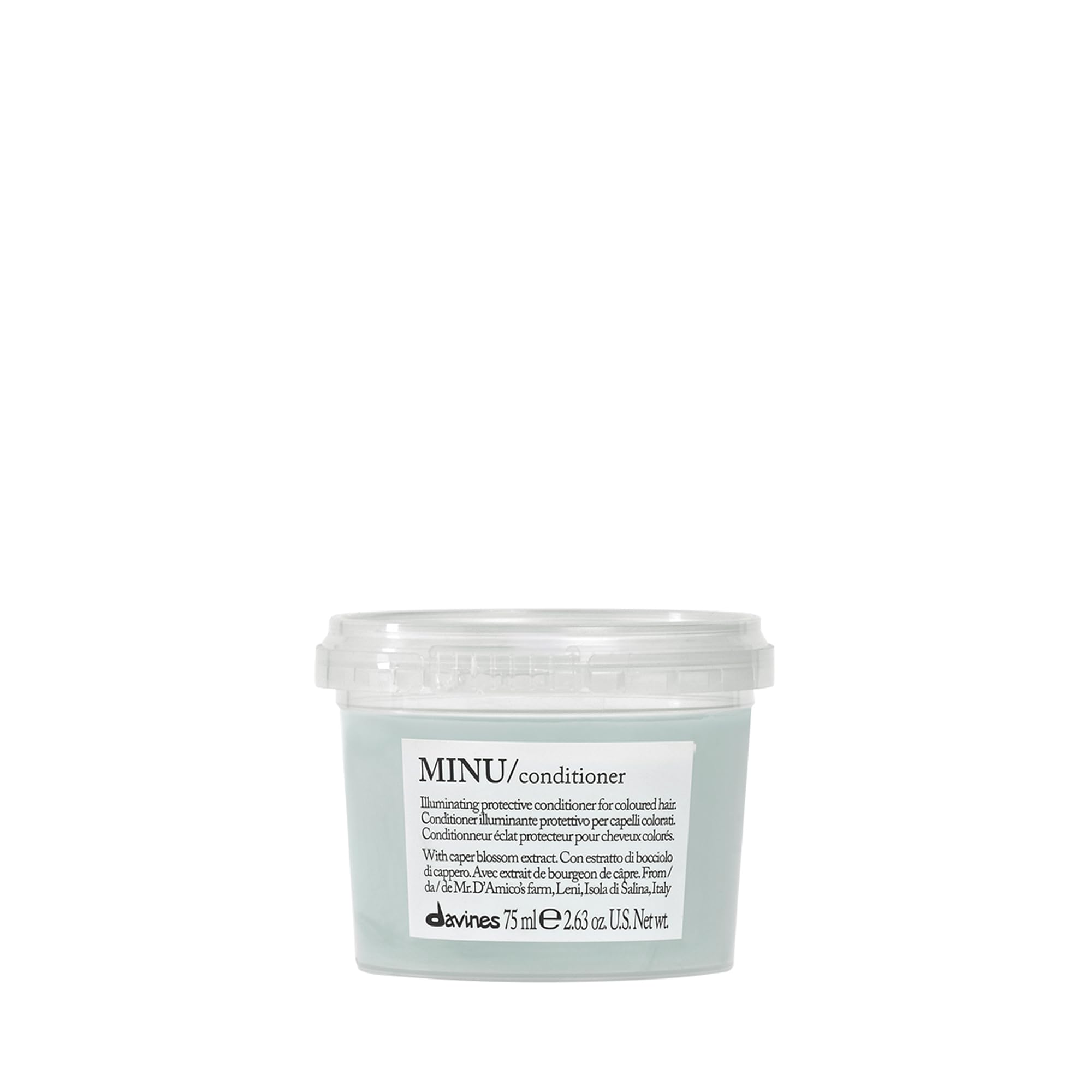 Davines MINU acondicionador en botella iluminadora protege el color y aporta brillo.