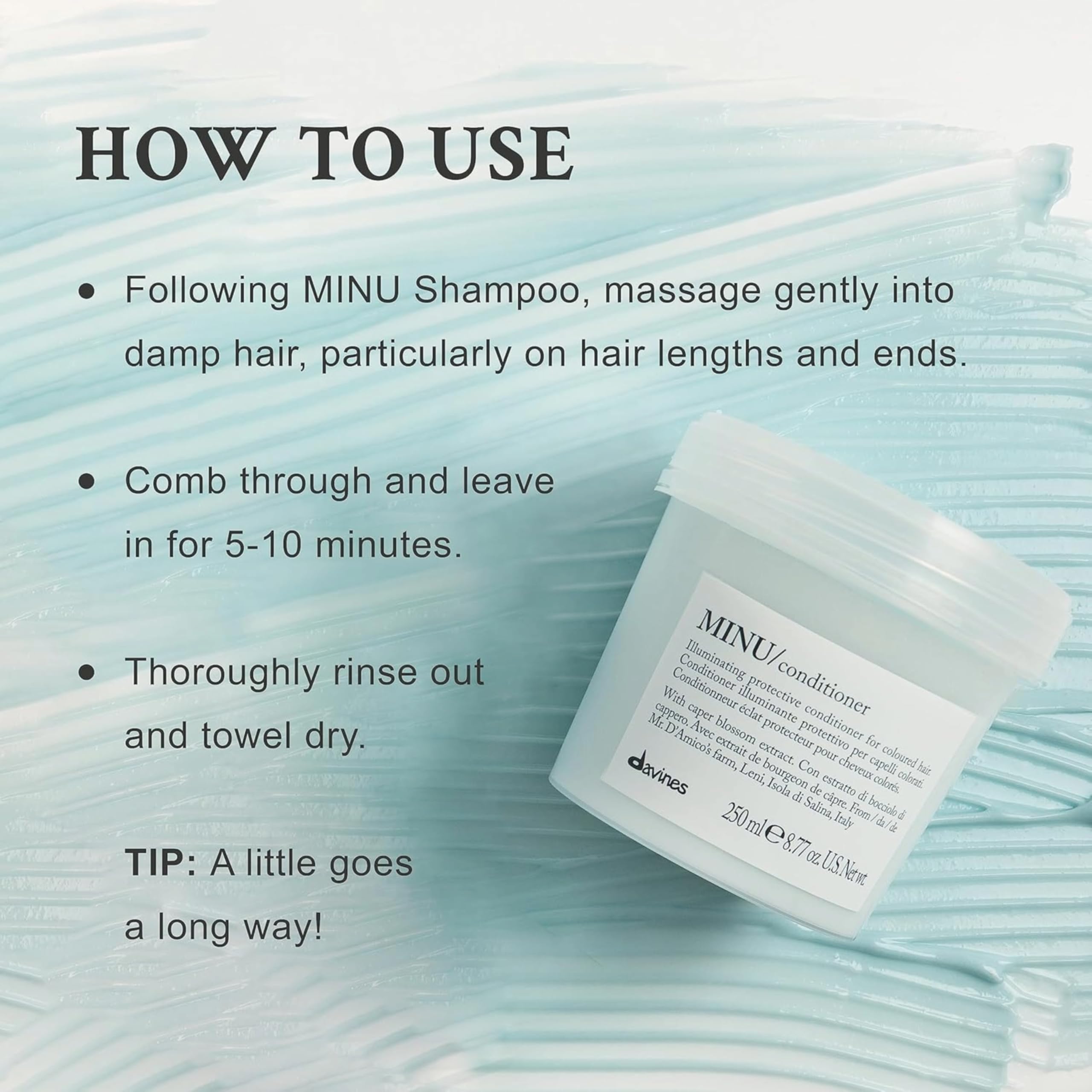 Davines MINU desenreda suavemente para cabello sedoso y sin tirones.