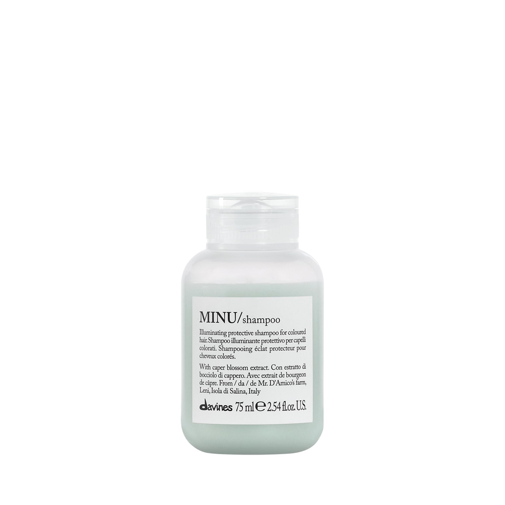 Davines MINU shampoo en botella, limpieza suave para cabello coloreado.