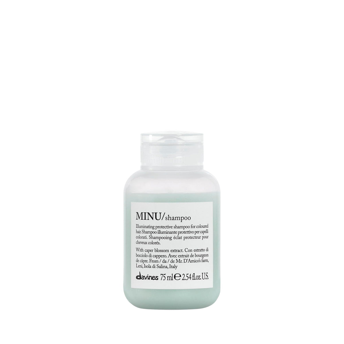 Davines MINU shampoo en botella, limpieza suave para cabello coloreado.