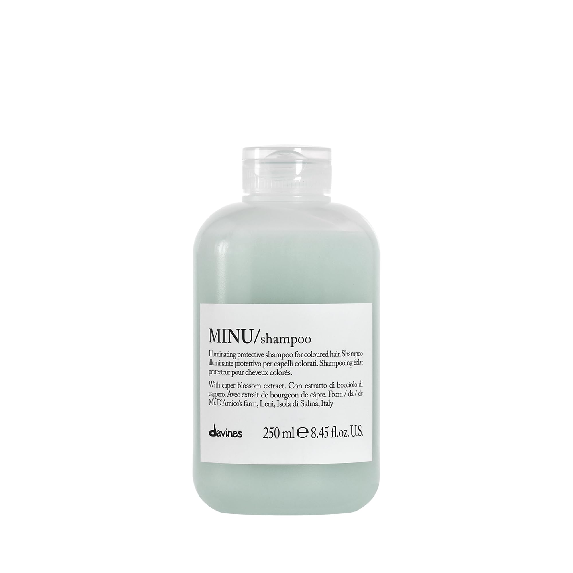 Davines MINU shampoo bottle highlights color protection benefit.