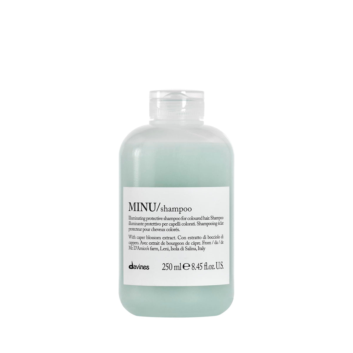 Davines MINU shampoo bottle highlights color protection benefit.